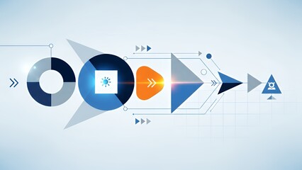 Corporate workflow diagram illustrating business process and technology integration with graphic elements and abstract shapes