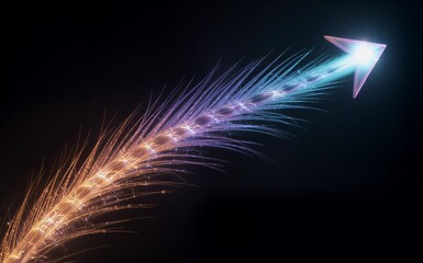 Golden and teal light trails form glowing arrow in dark space, radiating energy.