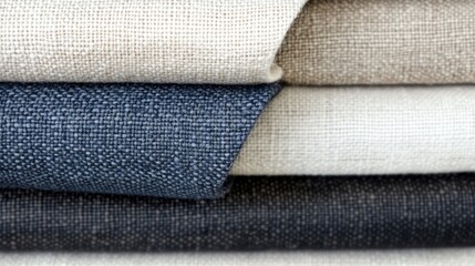 Stacked neutral linen fabrics, close-up, textured, design studio backdrop, upholstery
