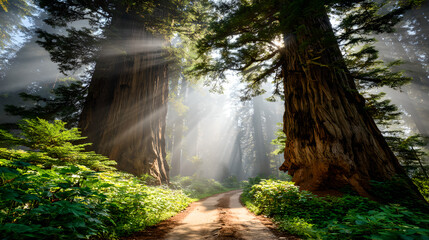 Golden sun rays piercing through giant redwood trees in foggy morning forest
