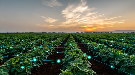 Rows of Green Crops Stretching Toward Horizon With Digital Network Connection Overlay
