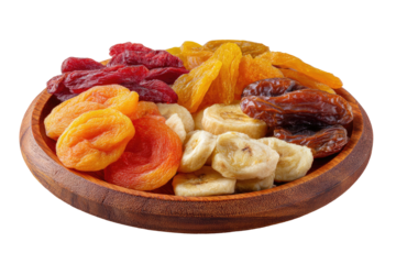 Wooden bowl of dried fruit, apricots, cranberries, bananas, dates, and peaches