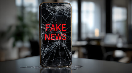 Broken Smartphone Screen Displaying Red Fake News Text in Dark Office Setting
