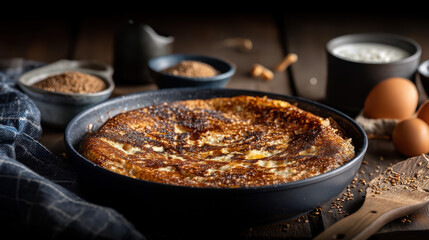 A Freshly Cooked Golden Brown Pancake in a Dark Skillet on a Rustic Wooden Surface with Baking Ingredients Such as Eggs, Seeds, and Milk.