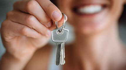 Blurred Smiling Woman Holding Up Silver House Keys Toward Camera Outside Focus
