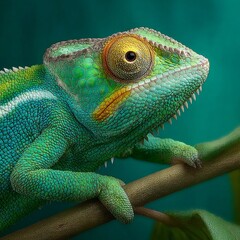 Fototapeta premium Closeup of a green chameleon on branch.