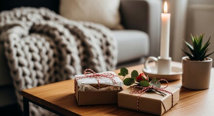 Beautifully wrapped gift boxes on a wooden table in a cozy living room with a burning candle and a succulent. Warm home atmosphere with a chunky knit blanket in the background.