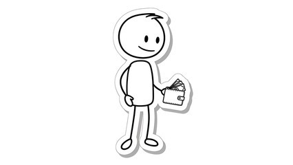 Fototapeta premium Stick Figure Holding a Wallet Full of Money.