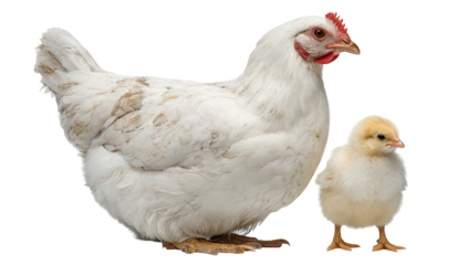 White hen standing next to a small, fluffy yellow chick (1)