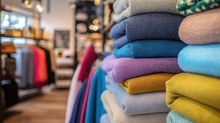 Colorful folded shawls displayed in boutique shop