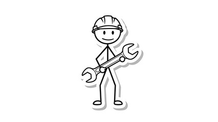 Obraz premium Stick Figure Worker Holding a Large Wrench Tool.