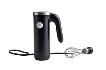 Black hand mixer with whisk attachment on a black background