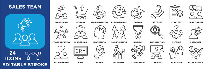 sales team icon collection set. Containing strategy, revenue, target, and more. Clean vector style with editable lines. Perfect for corporate and marketing use.