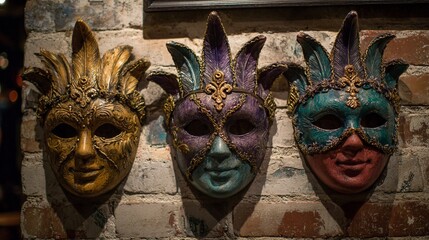 Traditional Mardi Gras Masks on Rustic Wall