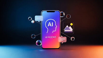 Smartphone displaying an artificial intelligence agent interface surrounded by abstract communication and media icons symbolizing digital interaction and future technology.