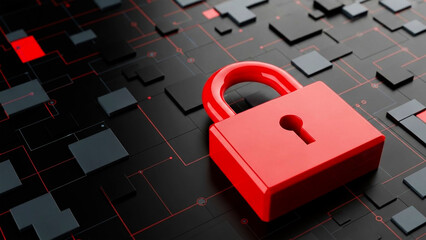Vivid red digital padlock resting on a dark abstract technological background representing data security and network protection concepts clearly visualized for modern concepts.