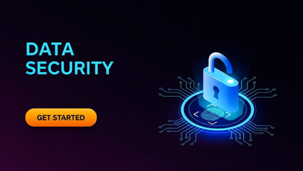 Digital data security concept featuring an unlocked padlock icon above a glowing biometric fingerprint scanner interface surrounded by circuit board elements.