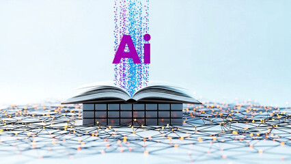 Artificial intelligence emerging from an open book symbolizes the digital transformation of knowledge and education through machine learning and advanced technology concepts