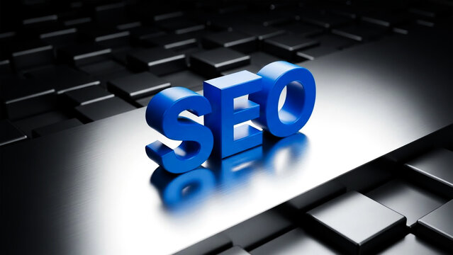 Striking three dimensional blue letters spelling seo resting upon a brushed metallic surface with dark textured background representing digital marketing concepts and optimization