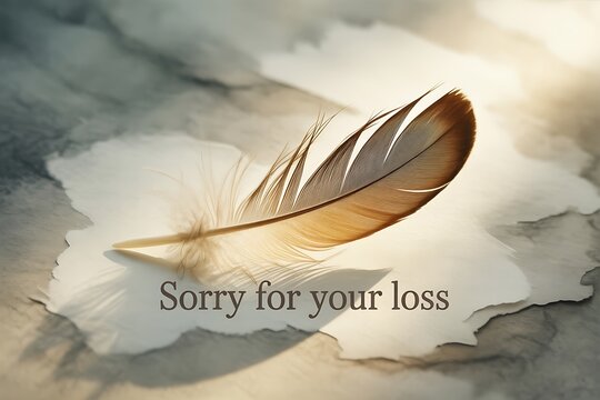 A single feather rests on a textured surface with the words sorry for your loss