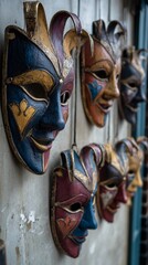 Traditional Mardi Gras Masks on Rustic Wall