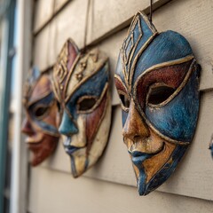 Traditional Mardi Gras Masks on Rustic Wall