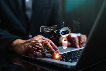 Human hand typing laptop with virtual AI assistant chatbot interface floating above keyboard, symbolizing artificial intelligence support, automation, real time digital communication for modern work.