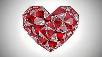 A shimmering red faceted crystal heart isolated on a bright background.