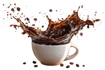 Coffee splash in a mug with scattered beans