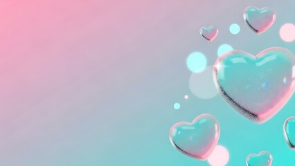 Glossy heart shapes float sparkling on a pastel pink and blue gradient background with bokeh lights.