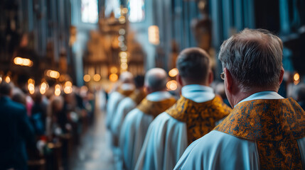 Fototapeta premium Defocused liturgy procession in grand church, blurred clergy members walking with processional cross to altar, congregation reverence, slow motion back view, ceremonial mass, with 