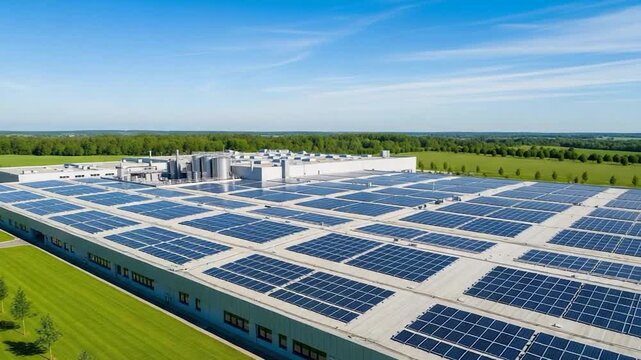 Aerial view of a large industrial building with solar panels on the roof.