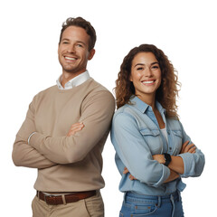 Confident young professionals with arms crossed exuding positivity and success in modern casual wear