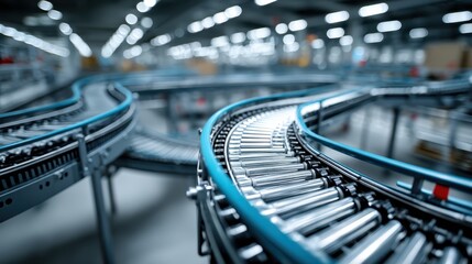 A close-up view of a conveyor belt system in a factory setting, showcasing the intricate design and functionality of the machinery.