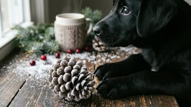 black lab retriever puppy. A black Labrador puppy curiously examines a pine cone on a rustic wooden table, with a cozy mug and festive greenery in the background, evoking a warm atmosphere