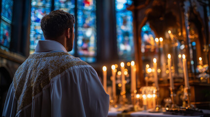 Obraz premium Faceless clergy member standing in reverence before cathedral altar, Christian worship service surrounded by stained glass, golden candlelight atmosphere, sacred devotion, with cop