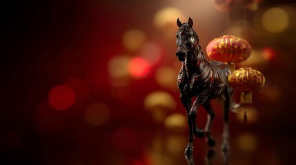 Dark Metallic Horse Statue with Red Lanterns on Blurred Red Background for Lunar New Year Celebration