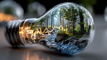 Glowing forest inside a lightbulb with luminous trees, magical atmosphere, bioluminescent plants, surreal nature concept, fantasy lighting and glowing environmental details in miniature world design