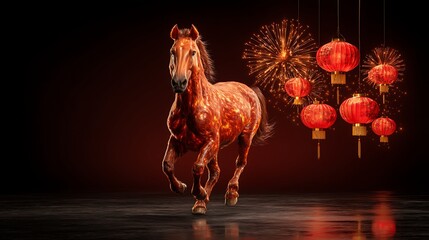 Fiery Horse Running with Red Lanterns and Fireworks in Dark Night Scene