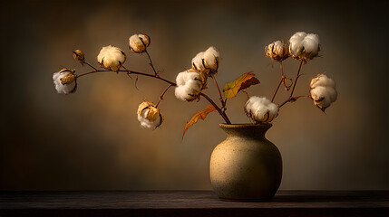 Cotton flowers in a beige vase.