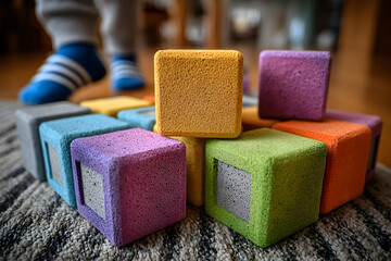 Colorful Wooden Blocks on Carpeted Floor.