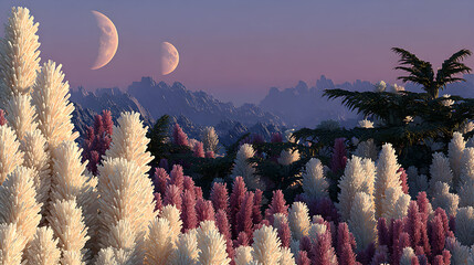 Fantasy Landscape with Colorful Plants and Moons.