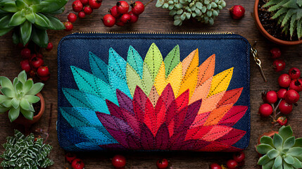 Colorful Pouch with Leaves Design and Succulents.