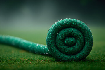 Coiled Green Garden Hose on Lawn.
