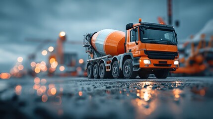 A detailed shot of an orange cement truck on a construction site, showcasing its powerful design against a blurred industrial backdrop.