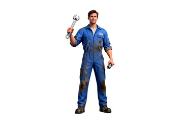Mechanic in Blue Coveralls with Tools