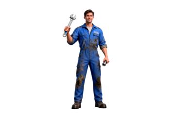 Mechanic in Blue Coveralls with Tools