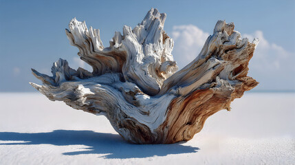 Driftwood Sculpture on Snowy Beach Landscape.
