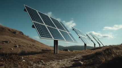 Solar panels line a hillside, capturing sunlight in a serene landscape, showcasing renewable energy's potential in a tech-savvy world.
