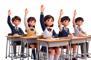 Group of cheerful students raising hands in classroom